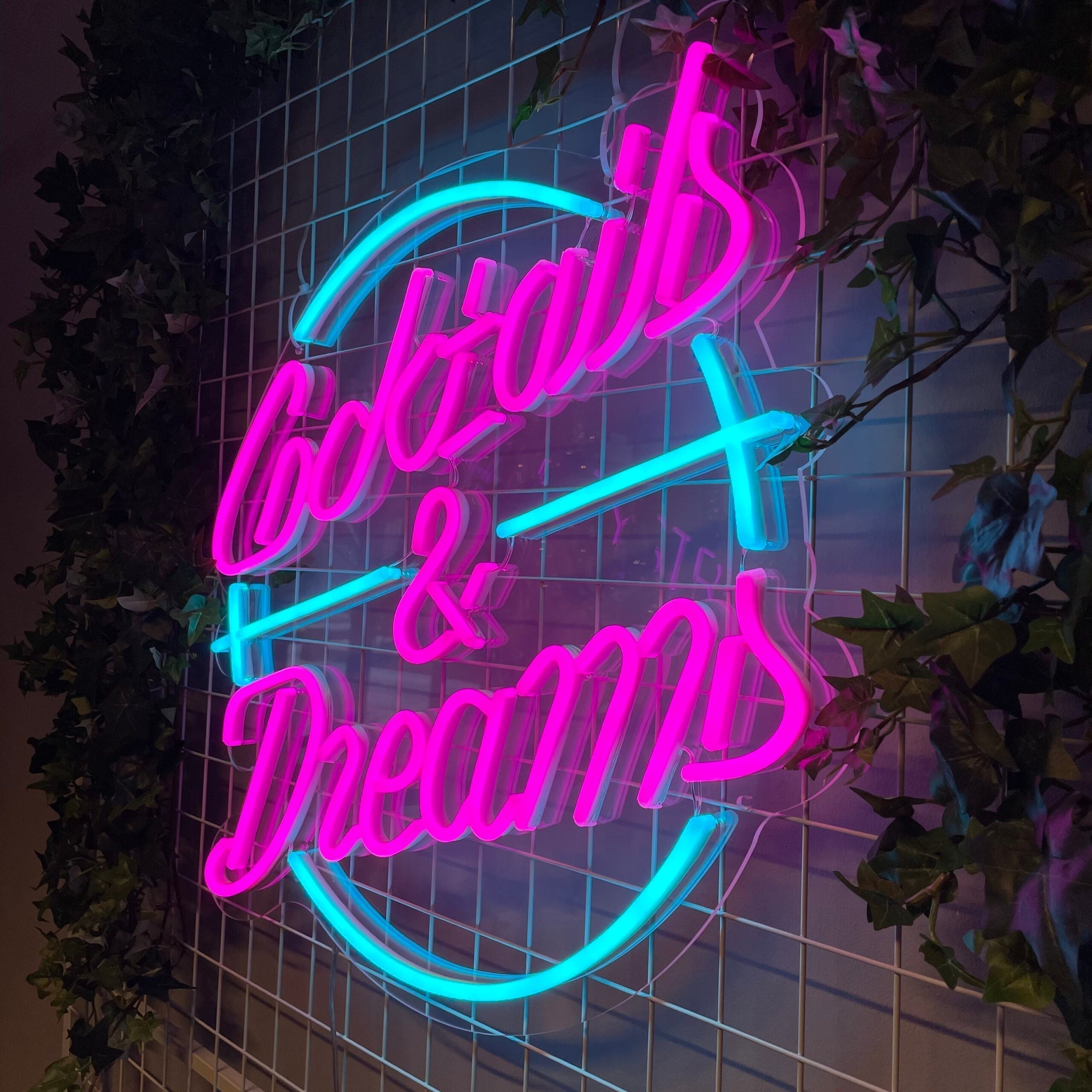Skap en drømmende stemning i rommet ditt med 'cocktails & dreams' led-neonskiltet. De levende fargene hot pink og ice blue kombinert med et lekent design, gjør dette skiltet til et blikkfang for enhver setting som ønsker å tilføre en følelse av fest og moro.