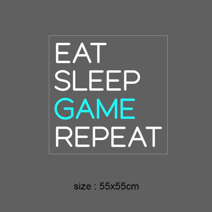 (EAT SLEEP GAME REPEAT) LED NEONSKILT. Sky blue. Bestilling