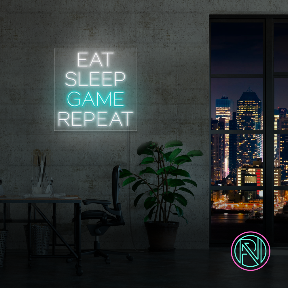 LED neonskilt med rektangulær ramme og tekst «EAT SLEEP GAME REPEAT» i lyseblått lys
