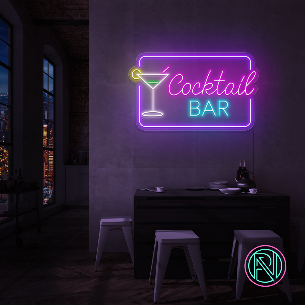 Rektangulært LED-neonskilt «Cocktail BAR» med glassikon, lilla og blått lys