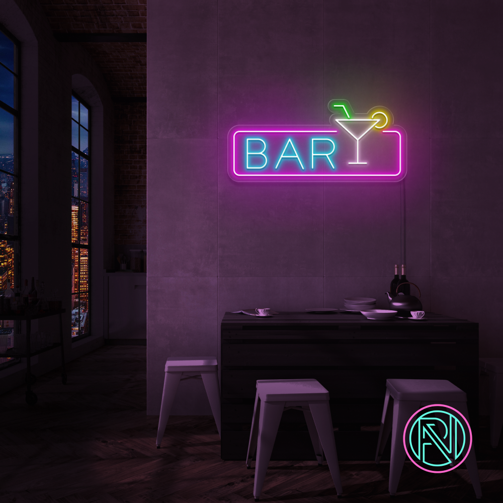 Rektangulært LED neonskilt «BAR» med cocktailglass