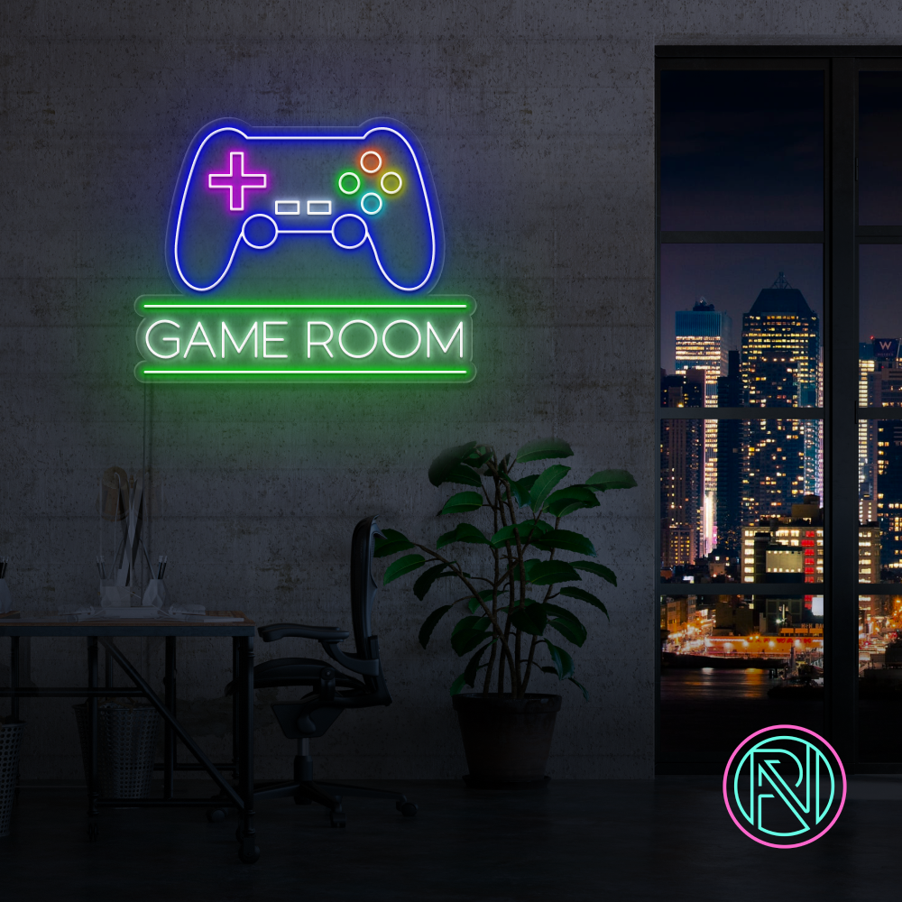 LED-neonskilt med «GAME ROOM», spillkontroll og fargerike lysdioder