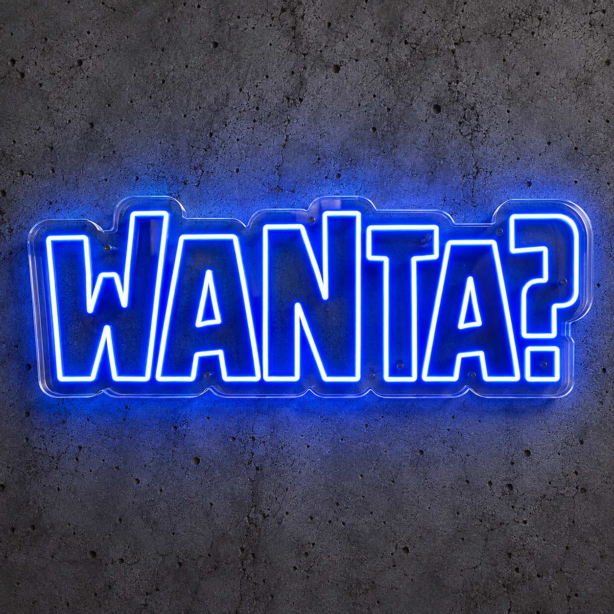 LED-neonskilt med teksten WANTA? i blått, lysende kontur.