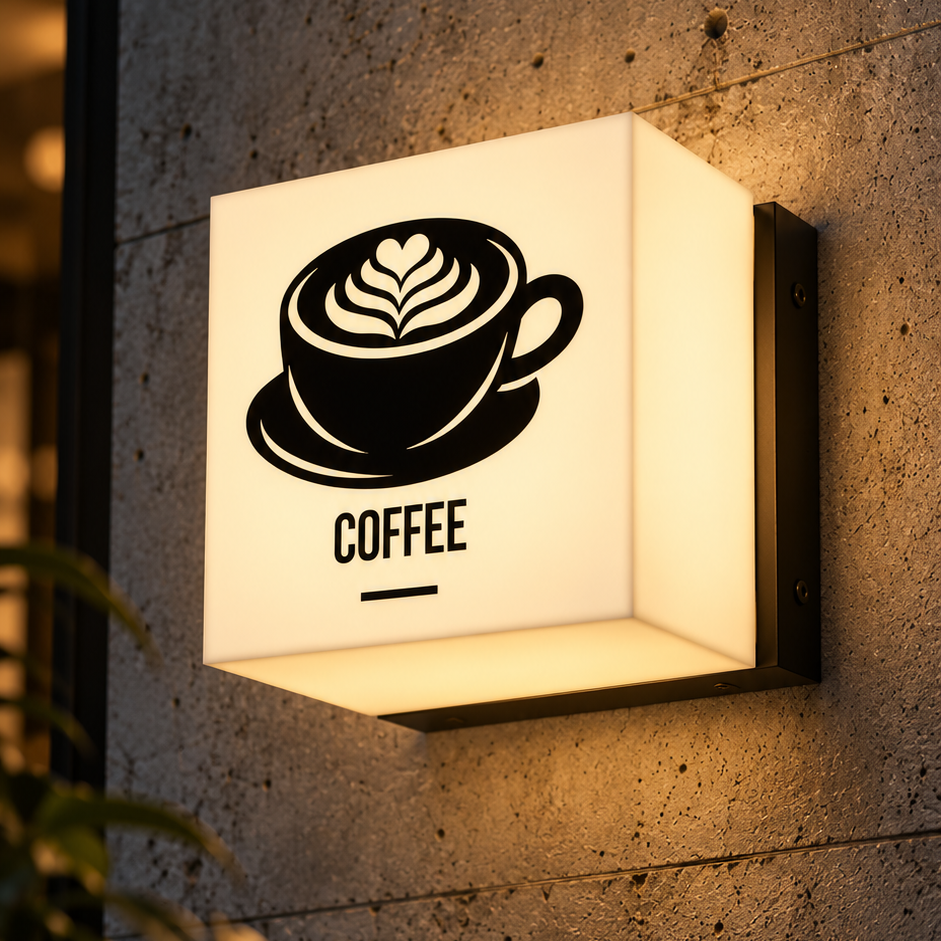 Veggkube med logo: veggmontert kubelampe med kaffekopp-ikon
