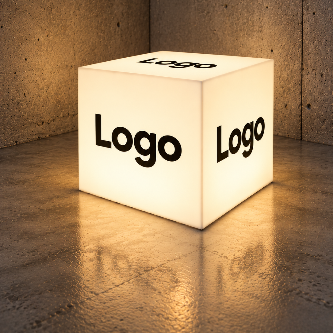 Logo-kube i hvit kubeform med svart Logo på topp og sider