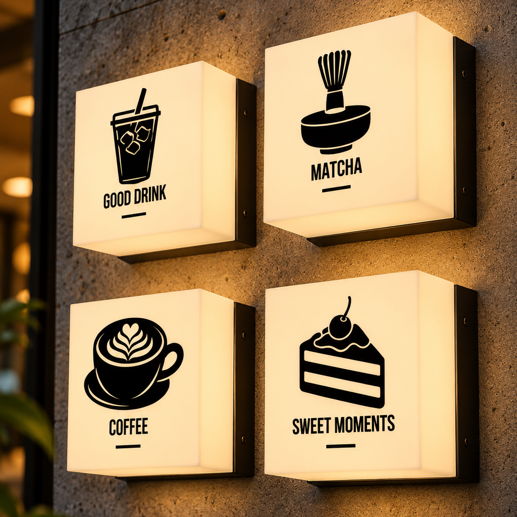 Veggkube med logo: fire veggmonterte kubelamper med kaffe-, matcha- og kakeikoner