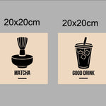 Veggkube-logo 20x20 cm: fire kvadratiske ikoner med kaffe, matcha, good drink og kake