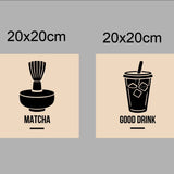 Veggkube-logo 20x20 cm: fire kvadratiske ikoner med kaffe, matcha, good drink og kake