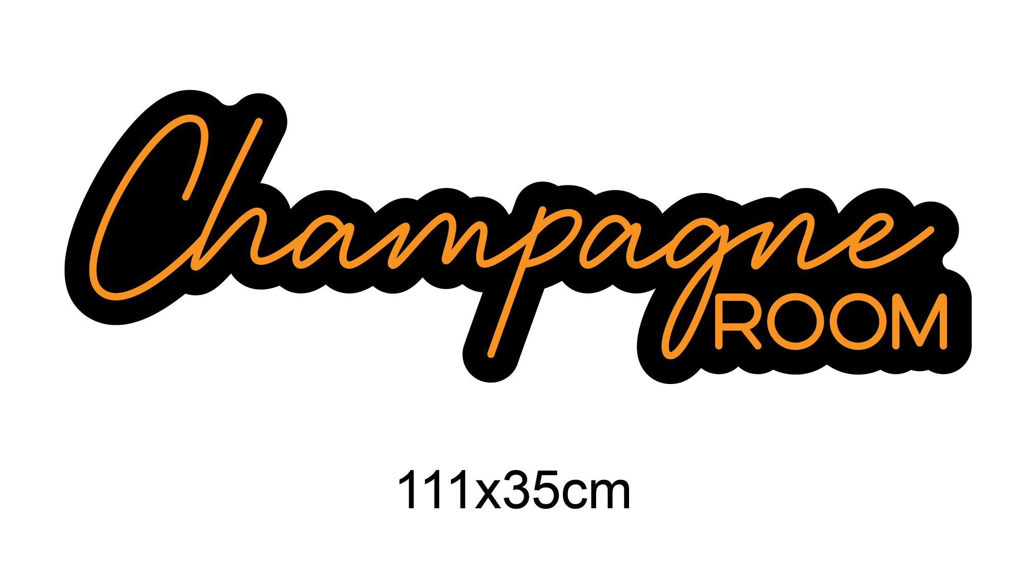 LED-neonskilt med «ChampagneROOM» oransje lys, 111x35 cm.