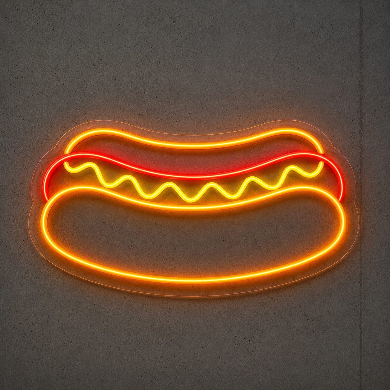 LED neonskilt formet som pølse i brød med gule og røde lys