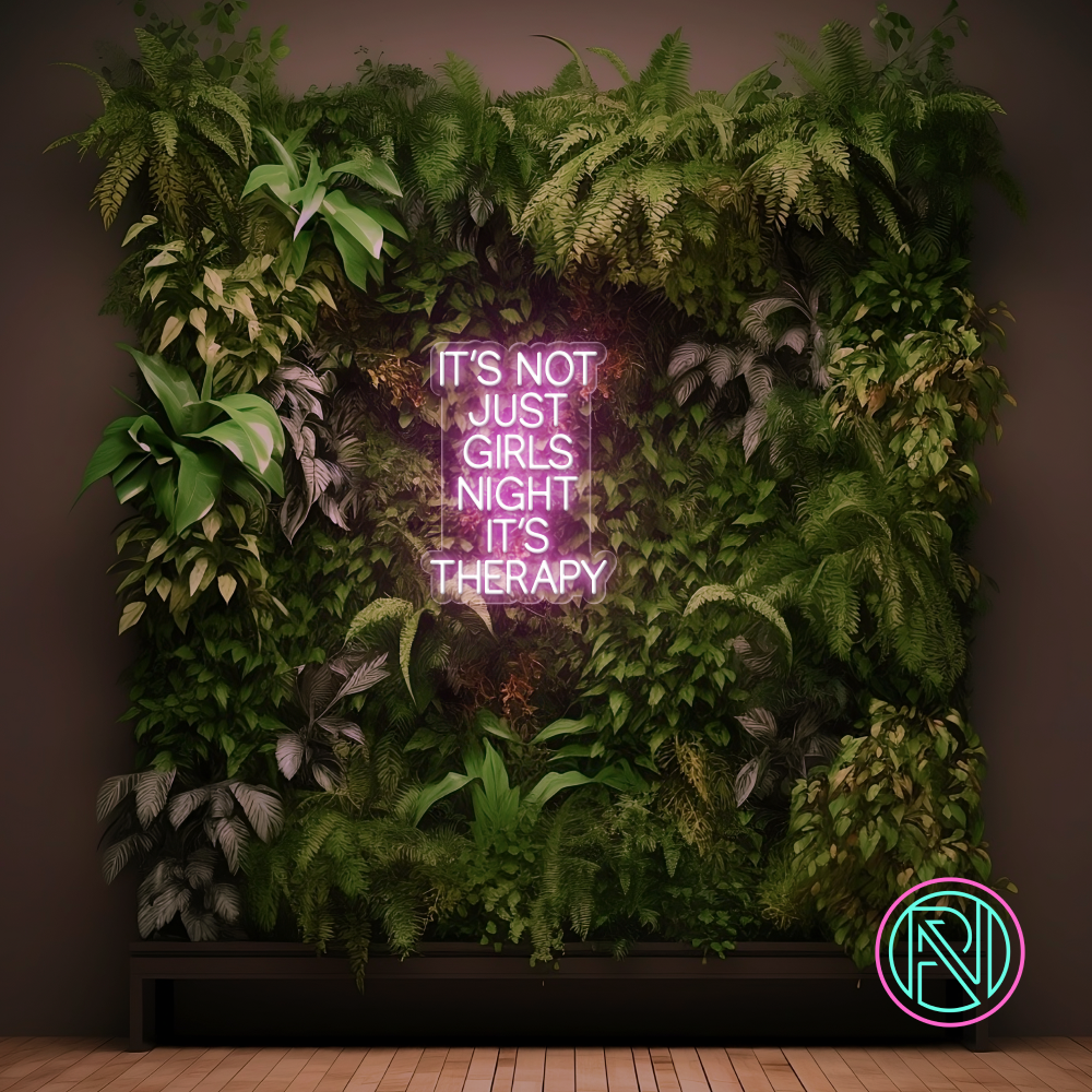 LED-neonskilt med «IT’S NOT JUST GIRLS NIGHT IT’S THERAPY» i rosa og lilla