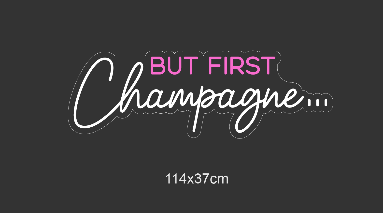 Skap en umiddelbar følelse av luksus og fest med vårt 'but first champagne' led-neonskilt. Dette skiltet er perfekt for å sette stemningen i enhver sammenkomst, og med sin blendende kombinasjon av hot pink og cool white vil det utvilsomt være midtpunktet i rommet.
