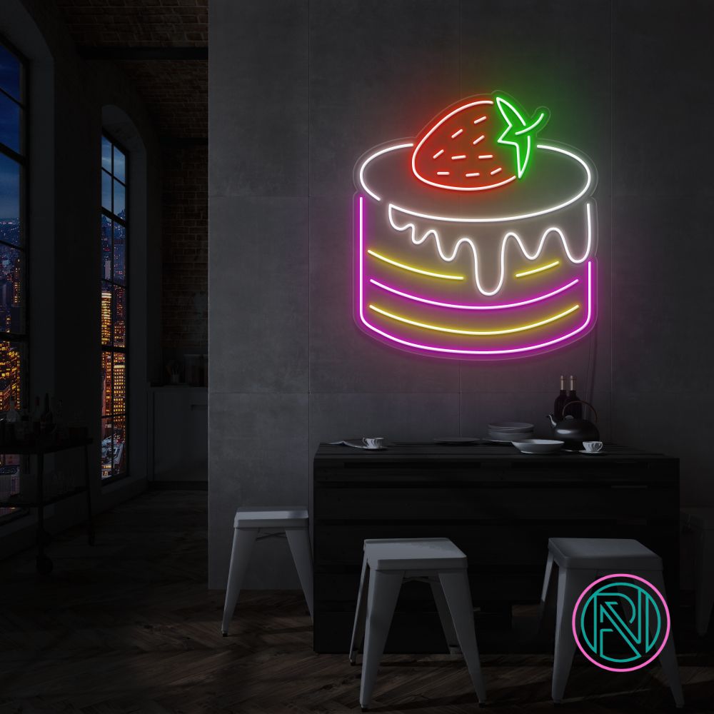 Skap en livlig stemning med vårt 'cake' led neonskilt. Dette skiltet er ideelt for feiringer og legger til en unik og sjarmerende atmosfære til ethvert rom. Velg mellom strålende farger for å tilpasse ditt skilt og gjør din kakeforretning eller feiring uforglemmelig.