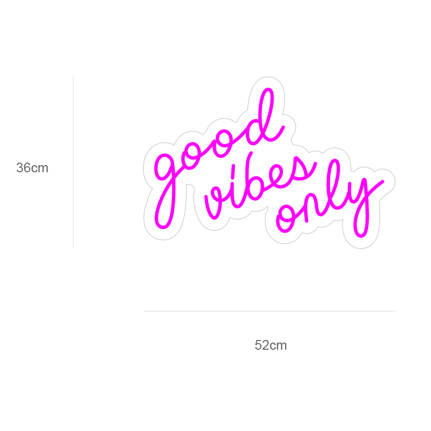 Skap en positiv atmosfære med vårt 'good vibes only' led neonskilt. Med muligheten til å velge din foretrukne farge, blir dette skiltet et stilig og personlig tillegg i ethvert rom. Det skaper en inspirerende og varm atmosfære som oppmuntrer til gode vibrasjoner og et positivt miljø, perfekt for både hjem og næringsliv.